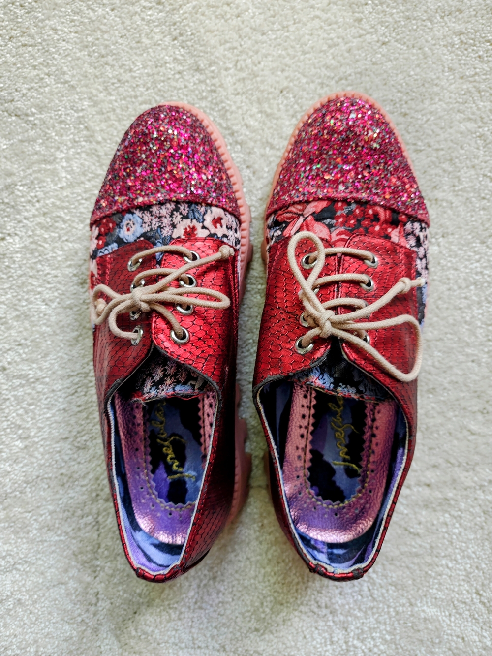 Irregular Choice Red Glitter & Floral Lace-Up Sneakers